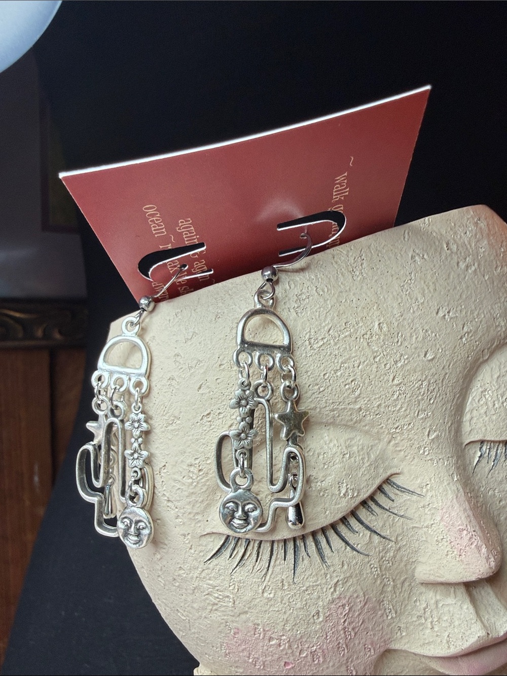 Silver-Tone Cactus & Sun Dangle Earrings - Boho Western